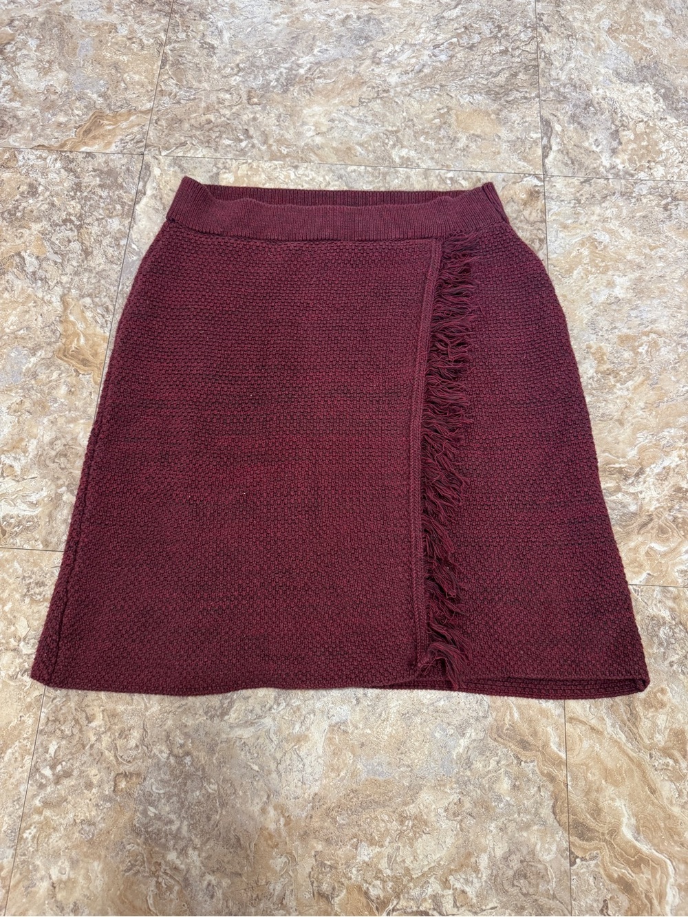 Anthropologie Burgundy Knit A-Line Skirt with Fringe Panel